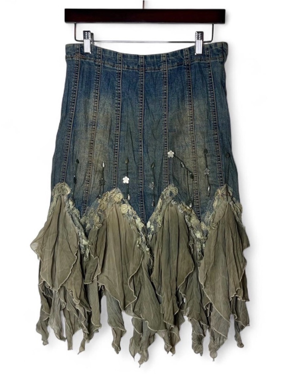 Y2K Vintage Chagall Seamed Denim Asymmetrical Ruffle Hem Fairy Grunge Midi Skirt